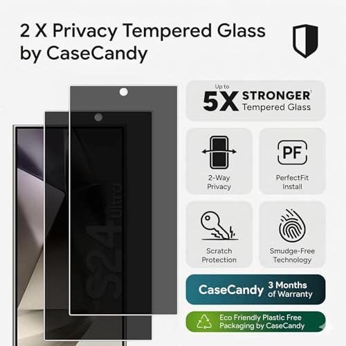 Image of Casecandy - [Pack 2 Privacy Tempered Glass Screen Protector for Samsung S24 Ultra | Privacy Tempered Glass Guard Samsung S24 Ultra - HD /Fingerprint Working