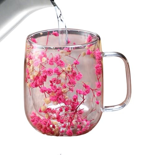 Generico Tazze da Caffè in a Doppia Parete | Bicchiere A Doppia Parete Con Manico E Fiori Essiccati Trasparenti | Bicchieri per il Tè in,Per Inverno Giardino Balcone Casa Scuola Picnic