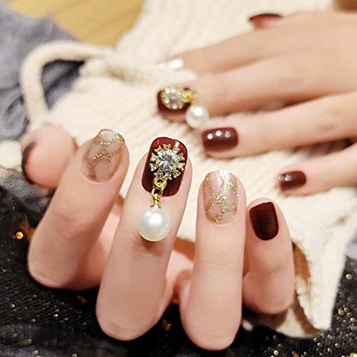 Sethexy Glossy Squoval Short False Nails Brown Glitter Pearl Studs Full Cover Acrylic 24Pcs Fake Nails Tips for Women and Girls