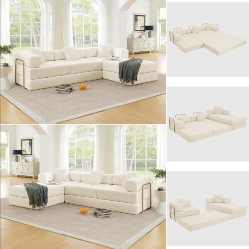 HANXIN 108' Modular Sectional Sofa, Futon Convertible Sofa Bed,Oversized Corduroy Boneless Couch for Living Room,Floor Loveseat Sleeper with Pull Out Bed,Free Combination,No Assembly Required (Beige)