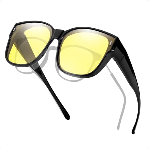 Myiaur clip-on nachtzichtbril voor dames, gepolariseerd nachtrijbril voor brildragers met gele glazen, anti-verblinding voor nachtritten en regen, zwart, Oversized