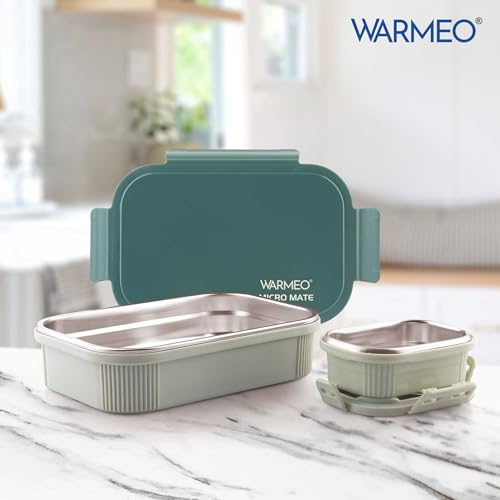 Image of WARMEO MICROMATE Microwave-Safe Stainless Steel Lunch Box, Bpa Free, Perfect for Office, School, Travelling, Combo(800ml+150 ml),Green