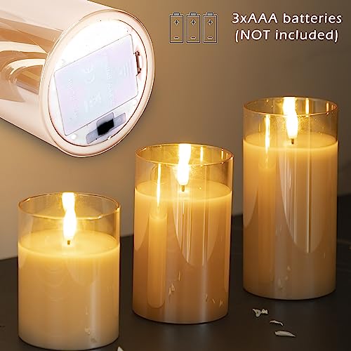 Image of LUSHARBOR LUSHABOR Flameless Candles with Remote, 3 Pack Glass Battery Operated Candles with Timer, Real Wax Glass LED Candles Flickering Wedding Home Party Christmas D3 H4 5 inch 6 inch Gold