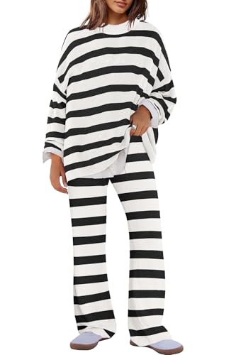 Panadila Womens Oversized Lounge Sets Striped Sweater Set 2 Piece Pajama Set Long Sleeve Top and Pants with Pockets(Black White Combo,S)
