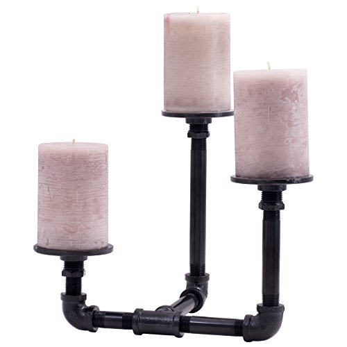 Pipe Décor Industrial 3 Branch Pillar Candle Holder Complete Set Electroplated Black Finish - 38CNPL4-BK- Rustic and Chic Steampunk