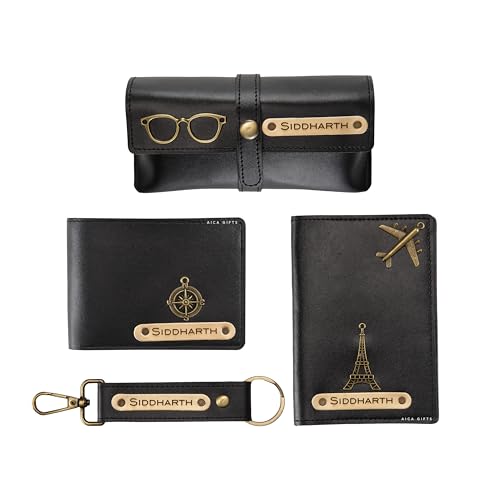 Aica Personalized Name & Charm Leather Wallet Mens Combo Giftset (Black) | Customized Valentine�s Day Valentine Propose Day Gift For Men Boy Husband Father Boyfriend Friend Family Lover Office Couples