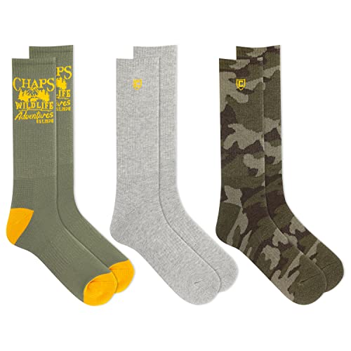 Chaps Mens Casual Fashion Cushioned Crew - 3 Pair Pack Classic Designs Socks, Wildlife Adventure, 6-12 US