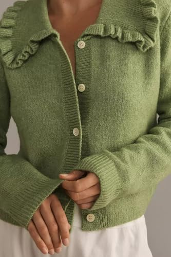 Image of Ythomm Womens Ruffle Collar Cropped Cardigans Button Down Open Front Long Sleeve Knit Sweater Jackets Casual Solid Fall Tops
