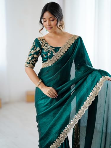Image of AKHILAM Women's Tissue Embroidered Scalloped Border Saree With Embroidered Unstitched Blouse Piece
