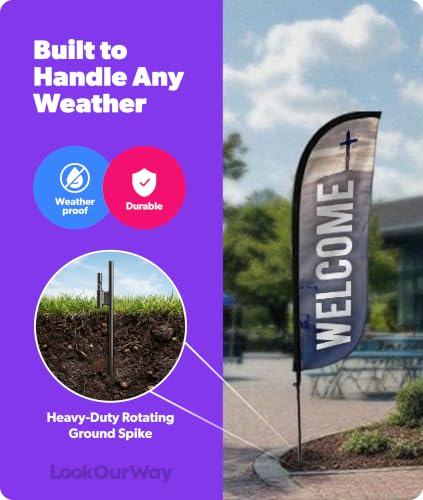 Image of LookOurWay Feather Flag Pole Kit - 7 Feet Tall Advertising Banner with Fiberglass Pole Set and Ground Spike for Business Promotion - Church Flags - Welcome