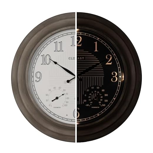 CLXEAST 24 Inch Self-Illuminated in/Outdoor Atomic Wall Clock with Temperature and Humidity, Oversized Large 24 Inch Wall Clocks for Living Room Decor, Brushed Grey Oak Wooden Finish