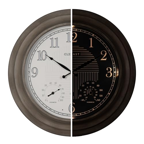 CLXEAST 24 Inch Self-Illuminated in/Outdoor Atomic Wall Clock with Temperature and Humidity, Oversized Large 24 Inch Wall Clocks for Living Room Decor, Brushed Grey Oak Wooden Finish by CLXEAST - Used condition - US$97.11