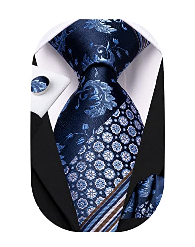 Image of Hi-Tie Men 63inches Tie Set Extra Long Necktie Paisley Tie Pocket Suqare Cufflinks Big and Tall Men Tie,Blue White Floral