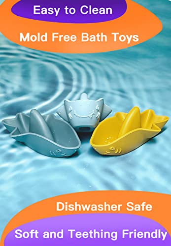 3 Pcs Silicone Baby Bath Toy Floating Boats Shark For Bathtub Bpa Free Mold Free Teether Stacker Bath Toy Set For Baby Toddlers Birthday Gift Kids Boys Girls Swimming Water Outdoor #TOP4