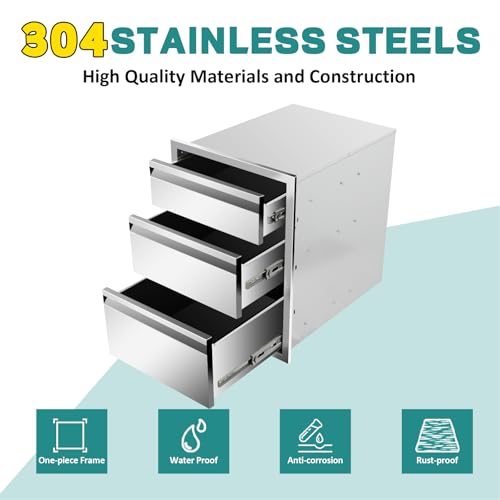 Image of Outdoor Kitchen Drawers 18 inch W x 24 inch H x 23 inch D Stainless Steel Drawer BBQ Triple Drawers with Hidden Handle for Outdoor Kitchen Island, Patio Grill Station