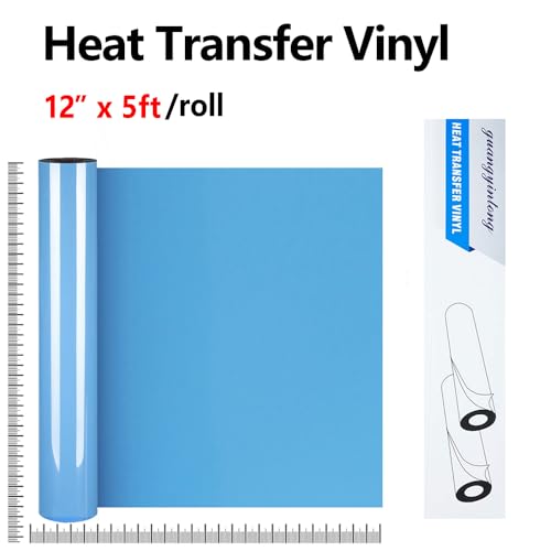 Image of guangyintong Sky Blue Heat Transfer Vinyl HTV Rolls, 12 inch x 5ft Sky Blue Iron on Vinyl for T Shirts, Glossy Surface HTV Vinyl for All Cutter Machine Easy to Cut & Weed for Heat Vinyl Design