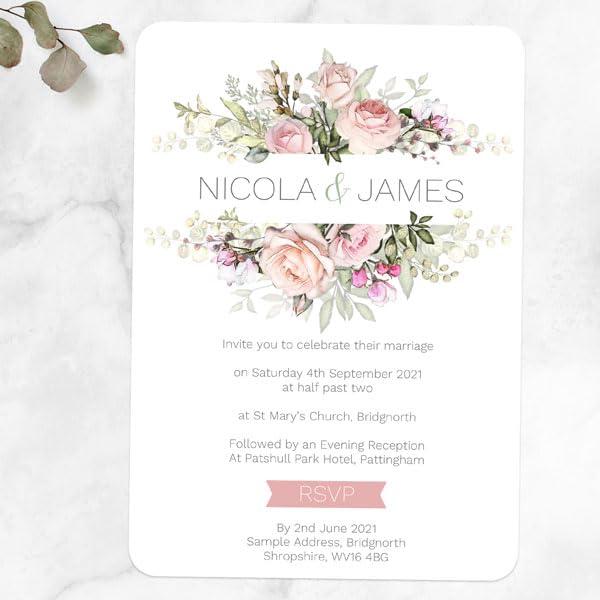 Dotty about Paper Pink Roses & Greenery Personalised Wedding Invitation - Pack of 10