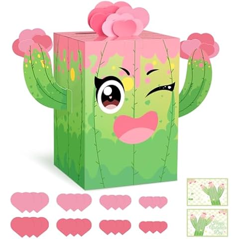 Mulbozy Valentines DIY Card Box with 50 Valentines Greeting Cards, Valentine's Day Cactus Collection Box for School Classroom Boys Girls Gifts Exchange, Valentines Party Favor Cover