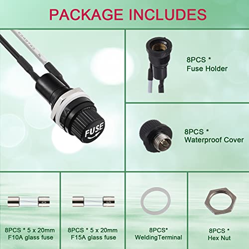 EPLZON 5X20mm Black Screw Cap Fuse Holder 250 VAC 10 A 125 VAC 15 A with Pre-Soldered Wires and 10A/15A Fast Blow Glass Fuse kit