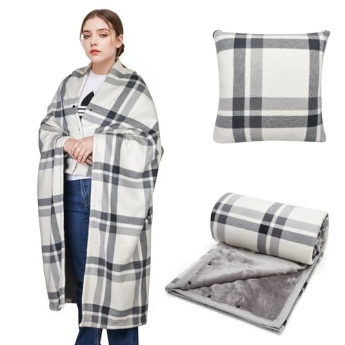 forestfish Wearable Blanket Compact Pillow 2-in-1, Lap Blanket Poncho with Button Plaid Throw Cushion for Home Office Sofa