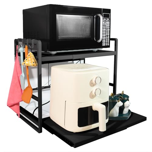 Image of BeSokar 2-Tier Microwave Rack - Height Adjustable & Extendable Kitchen Shelf with Drawer - Carbon Steel - Includes Hooks & Reinforcement Suction Cups - Easy Assembly (Black)