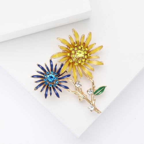 Image of Double Sunflower Brooch and Pins for Women Blue and Yellow Rhinestone Broach Nature Style Dress Pin Flower Jewelry