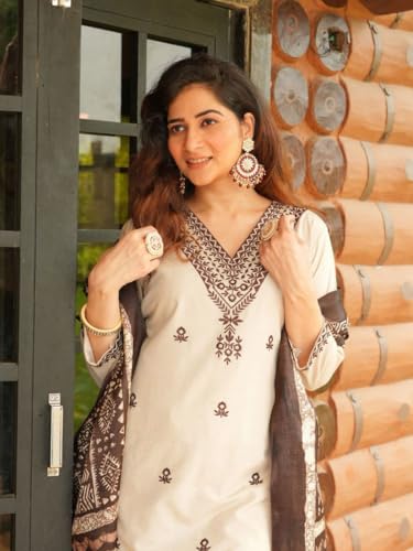 Image of GoSriKi Kurta Set Women Viscose Embroidered | Kurti Set Woman | Kurta Pant Dupatta 3 Piece Outfit | V Neck 3 /4 Sleeve Regular Fit Ethnic Wear Ladies Dress Stylish Traditional Clothing