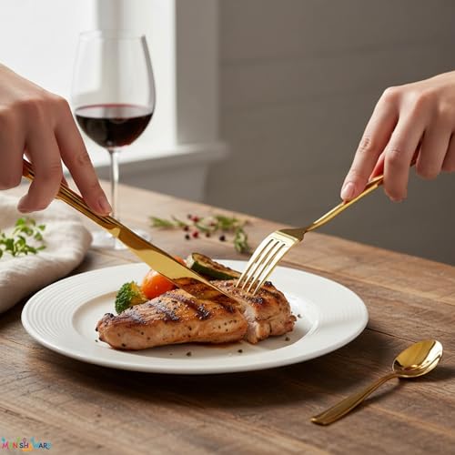 Image of Mirror Polished Gold 24 Pcs Stainless Steel Cutlery Set for Dining Table, Dishwasher Safe Glossy Flatware (6 Spoon Set + 6 Forks Set + 6 Butter Knife + 6 Dessert Spoon)