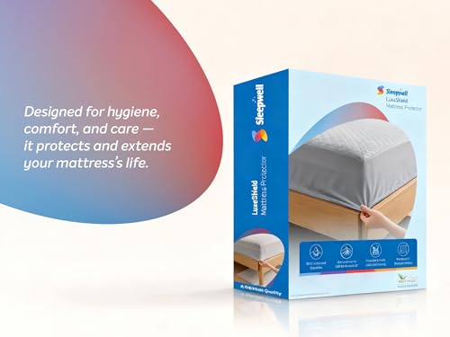 Image of Sleepwell Luxe Shield Mattress Protector | Ultrasonic Micro Peach Fabric |100% Waterproof Protection | Ultra Soft | Laser Stitch Quilting | Breathable & Moisture Wicking | Hypoallergenic | 75 x 72