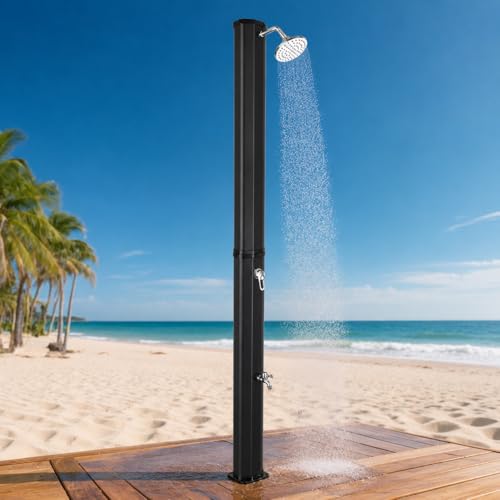 VINGLI 9.3 Gallon Solar Heated Outdoor Shower, 7.2 FT Height, Freestanding Outside Shower with 360° Swivel Shower Head & Foot Faucet, Hot & Cold Water Adjustment, Black