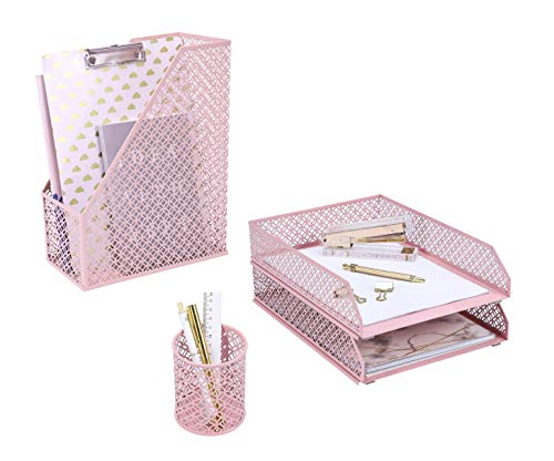 ANNOVA Mesh Desk Organizer 4 Pieces Office Suppliers Desktop Organizer Set Desk Accessories - Letter/File Tray x 2, Magazine Rack/Upright Document Holder x 1, Pen Holder x 1 (Light Pink)
