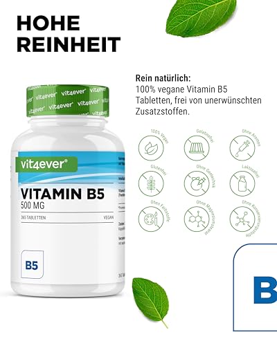 Vitamin B5 (Pantothensäure) - 500 mg - 365 Tabletten - 1 Jahr Vorrat - Hochdosiert - Ohne unerwünschte Zusätze- Vegan