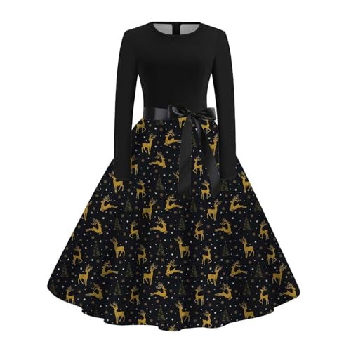 Vestido de Navidad con cuello redondo y manga larga para mujer, vestido largo pequeño, dorado, L