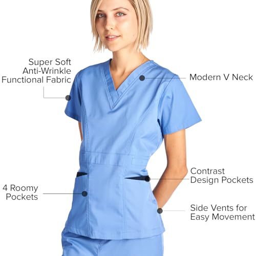 Medical Uniform Women's Scrubs Set Stretch Contrast Pocket Ceil Blue S - Thumbnail 3