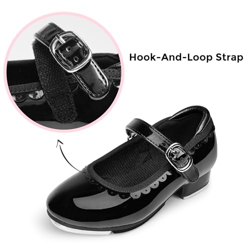 Stelle Tap Shoes for Girls Toddler Dance Shoes Easy Strap Scallop Design (Toddler/Little Kid/Big Kid) (Black,10MT)