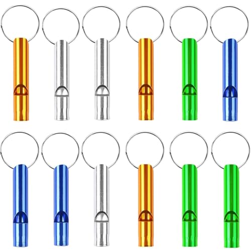 Notoke 12PCS Emergency Whistle with Key Chain, Aluminum Extra Loud Safety Survival Whistle Keychain for Outdoor Sports Camping Hiking Boating Hunting, 6 Colors