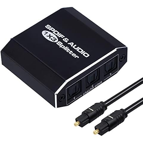 Digital Optical Audio Splitter 1x3, SPDIF Toslink Optical Fiber Audio Splitter 1 in 3 Out Aluminum Alloy with Optical Cable Support Dolby Digital & DTS 5.1, PCM Stereo, LPCM Cover
