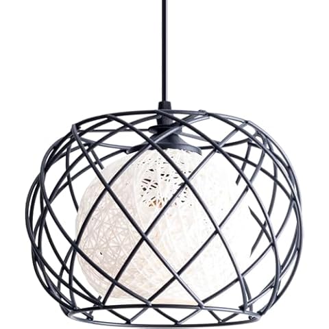 FISGONI Modern Black Pendant Light 1-Light Hanging Kitchen Island Light with Rattan Cage for Kitchen Dining Room Hallway Bar,9.75in Cover