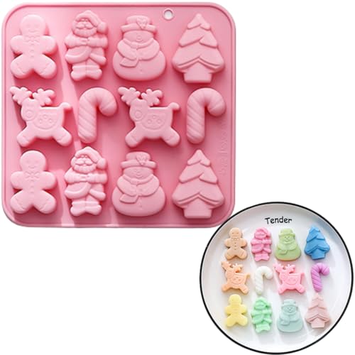 PTaizjjz Stampo in silicone natalizio, 12 cavità, a forma di omino di pan di zenzero, albero di Natale, bastoncino di zucchero, pupazzo di neve, Babbo Natale, alce, sapone, decorazione per torte di
