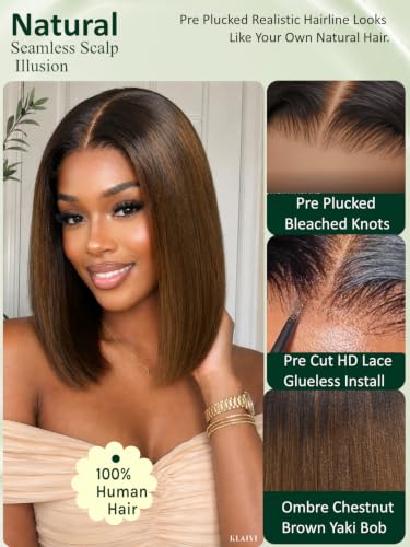 Image of KLAIYI Bye Bye Slip Ombre Chestnut Brown Glueless Precut 7x5 Yaki Straight Bob Wig Human Hair Drawstring Pre Plucked Bleached Knots Pre Everything 30S Ready to Wear and Go Wig with Dark Roots 10Inch