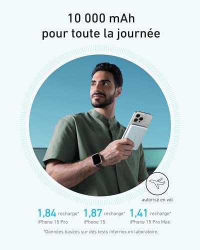 Anker MagGo Powerbank, Batterie magnétique Ultra Fine 10 000 mAh, certifiée Qi2, Portable, Chargeur Compatible MagSafe Ultra Rapide 15 W, Design Ergonomique, Uniquement pour iPhone 15/14/13/12