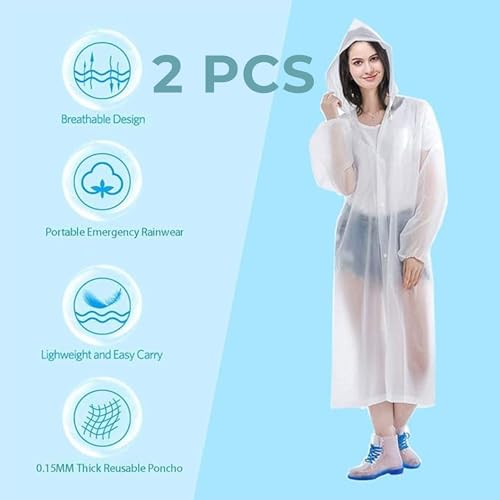 Image of Reusable Raincoats for Adults, 2 Pcs Rain Ponchos Emergency for Women Men with Hood and Drawstring