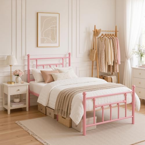 VECELO Twin Size Metal Platform Bed Frame with Headboard and Footboard, Heavy Duty Slat Support/No Box Spring Needed Mattress Foundation/Underbed Storage Space, Victorian Style by VECELO - Used condition - Image 2