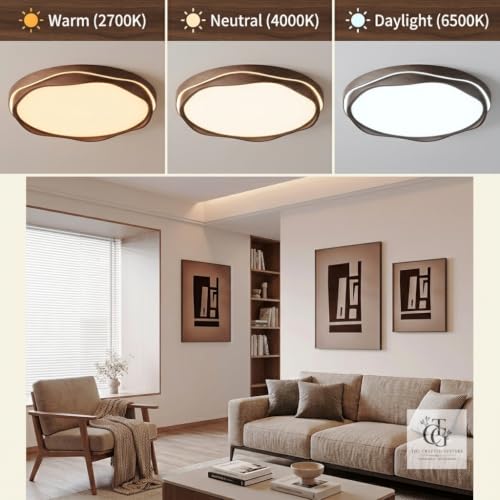Image of 3C LED Ceiling Light, Modern Designer Ceiling Lamp with Round Wave Frame Design for Bedroom, Living Room, Hall & Home Decor|Walnut-Wood