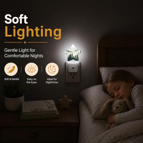 Image of Green Misty Forest Plug in Star Night Light, Night Light with Sensor for Kids Nursery Bedroom, Decorative Soft Glow Lamp for Hallway Bathroom, Energy Saving