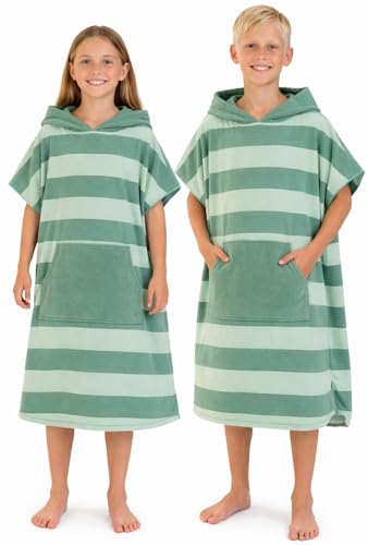 Image of Adore Kids Changing Robe Towel Poncho Hooded with Pocket - Beach Pool Surf Cover Up Soft Microfibre, Age 6-9, Green Stripe