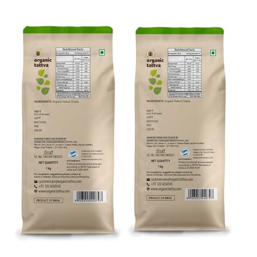 Image of Organic Tattva, Organic Gluten Free and Unpolished Kabuli Chana (Chole) / White Chickpeas, 1Kg (Pack of 2)