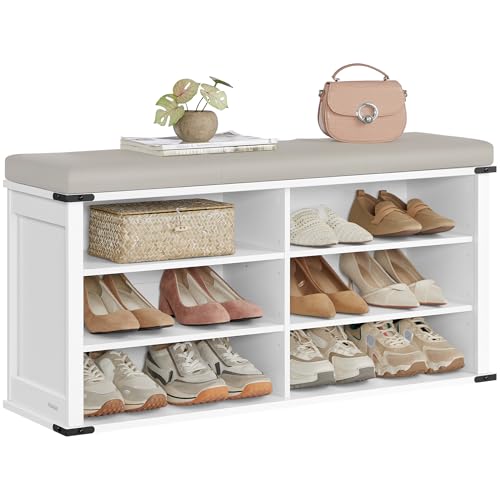 Image of VASAGLE LIRY Collection - Shoe Storage Bench with Removable Cushion, Shoe Rack with Padded Seat, Entryway Bench with 6 Open Compartmens, Adjustable Shelves, Cloud White ULSB105W01