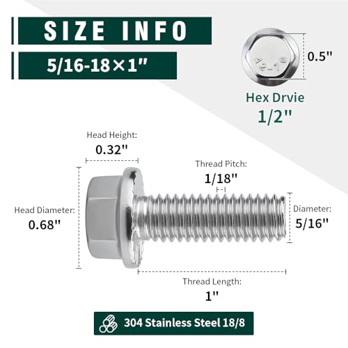 Image of 5 /16-18 x 1 inch Flanged Hex Head Bolts Screws, 304 Stainless Steel 18-8, Full Thread, Coarse Thread, 10 PCS