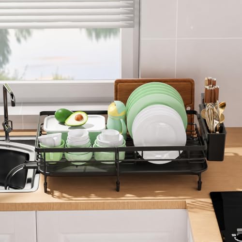 Image of HomeCloud Stainless Steel Dish Drying Rack for Kitchen Counter with Feet, 38 x 28 x 15 cm, Anti-Rust Dish Drainer with Smart Drainage Tray & Cutlery Holder (Black)